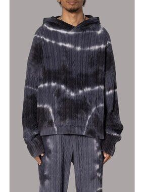MNML Mens Tie Dye Cable Knit Hoodie Black  M Cotton Cropped Oversized Fit New Wi
